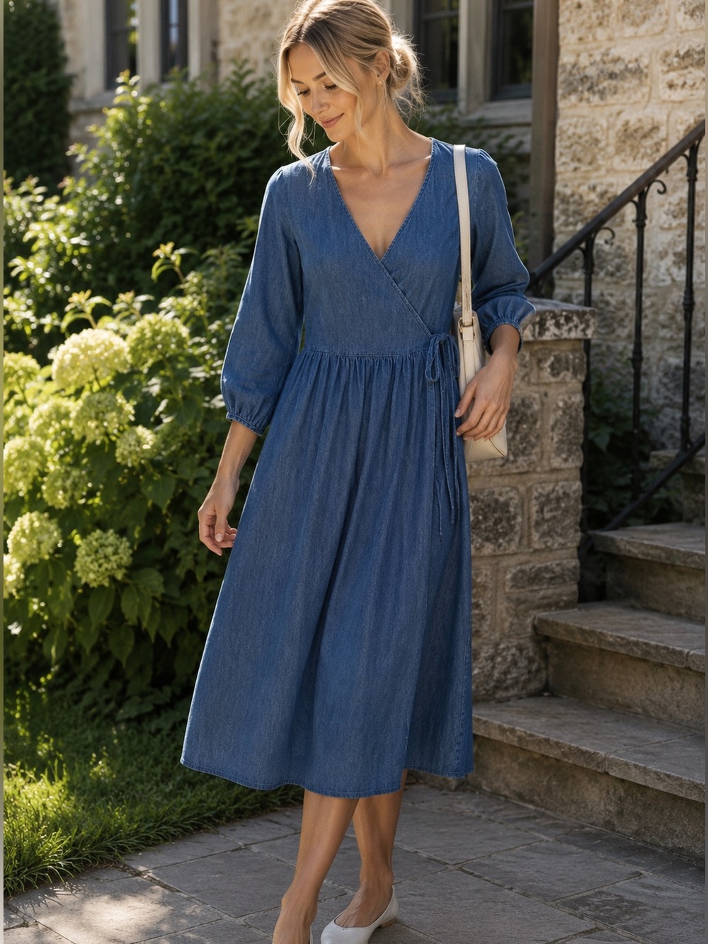 PIECES Denim Chambray Wrap Midi Dress Blue 100% Cotton Size Large
